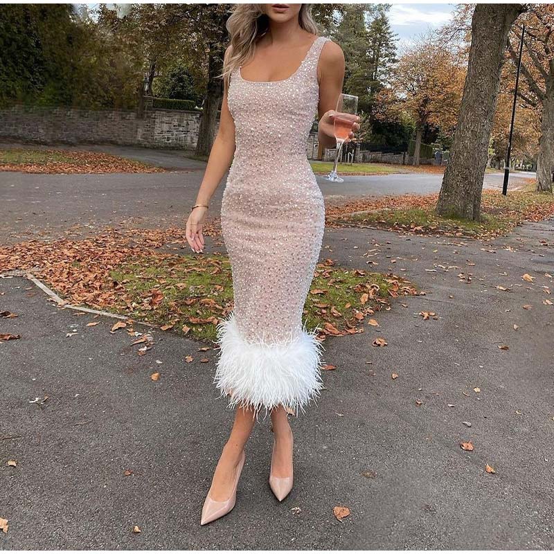 Pearl Sequins Feather Wrap Dress