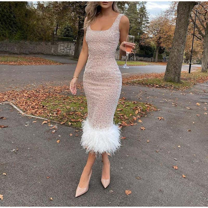 Pearl Sequins Feather Wrap Dress