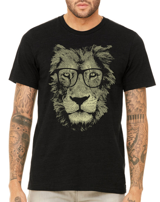 Lion Wearing Glasses Men's Black T-Shirt